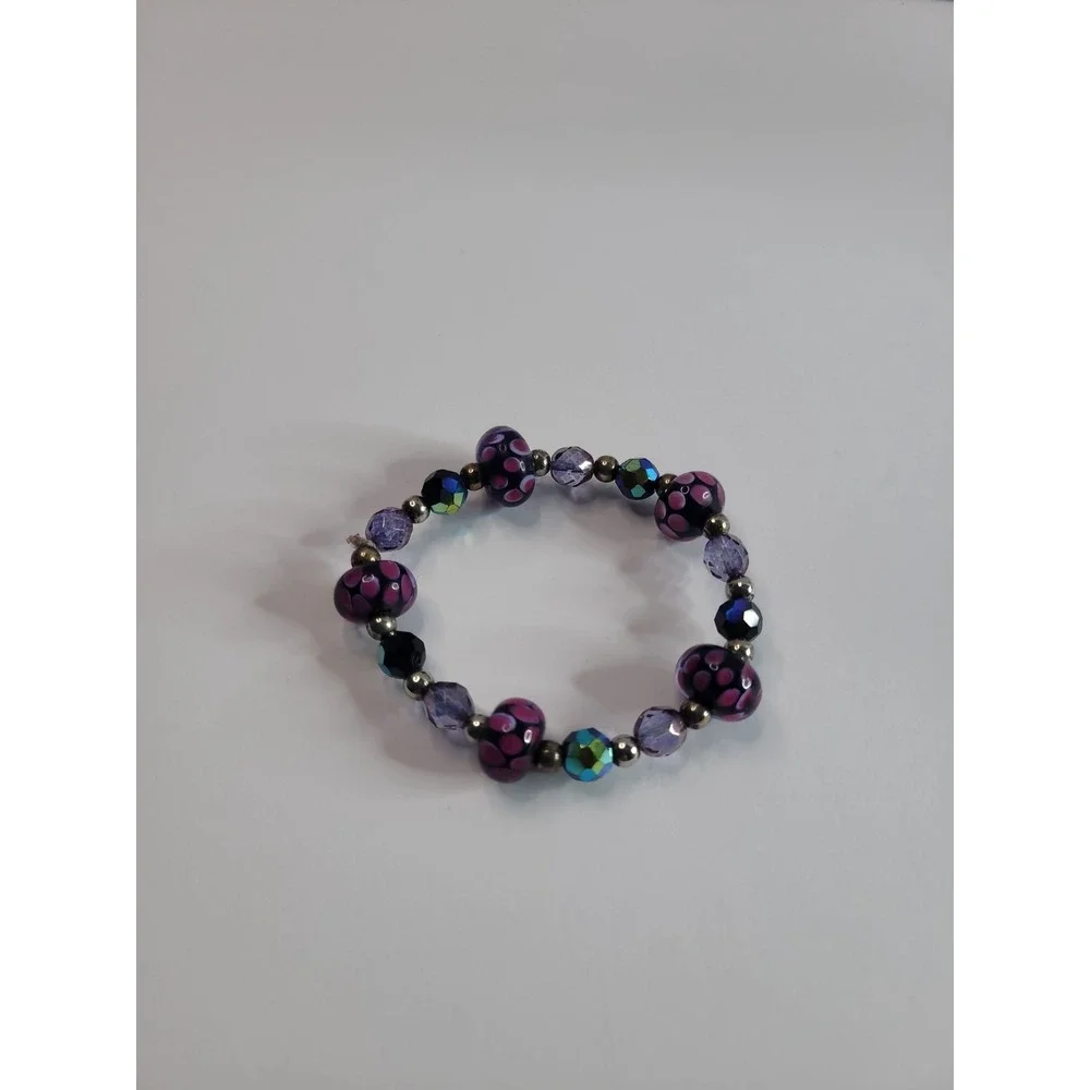 Pink Black Purple Beaded Stretch Bracelet with floral Dot Pattern